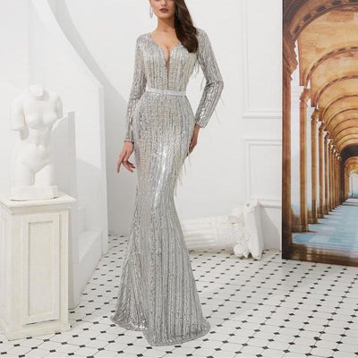 Misstook Label Silver Mermaid Evening Dress gray / 2 Dress