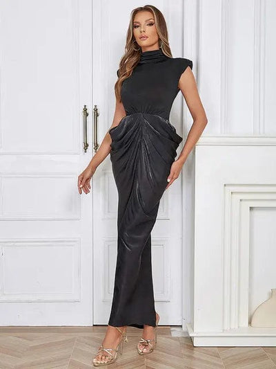 Tyra High Neck Elegant Plaid Black Maxi Dress black / XS