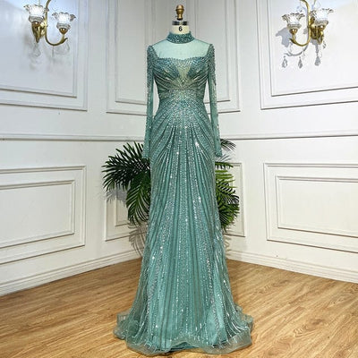 Nude Muslim Mermaid Elegant Evening Dresses Gowns 2023 Beaded Tassel Luxury For Women Party BLA71533 Serene Hill turquoise / 2 Dress
