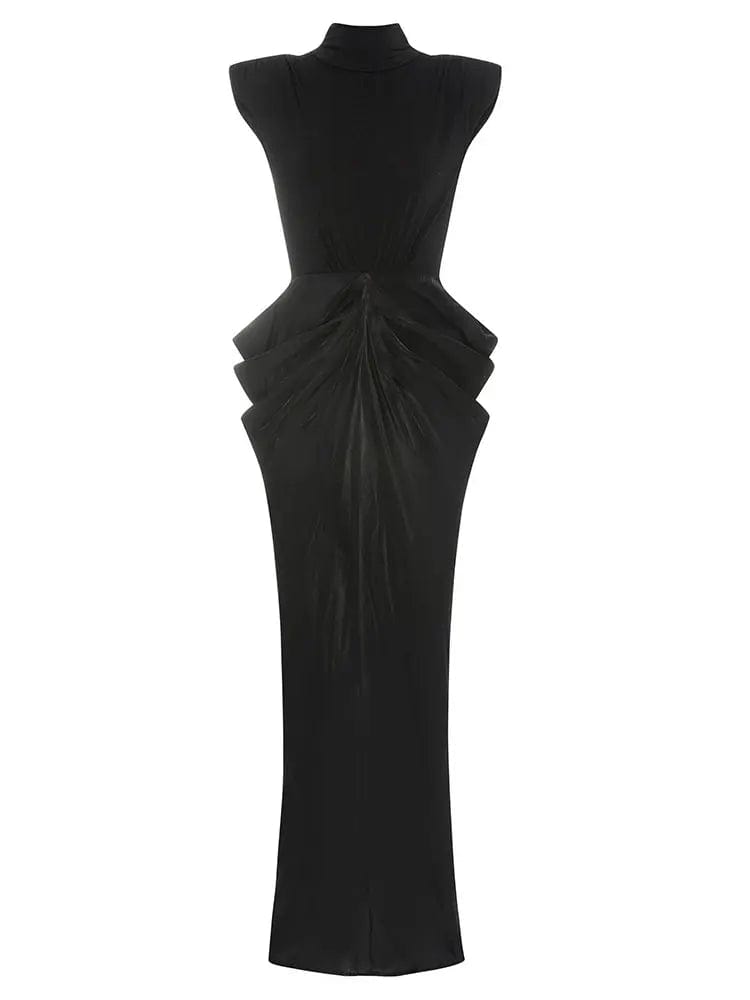Tyra High Neck Elegant Plaid Black Maxi Dress