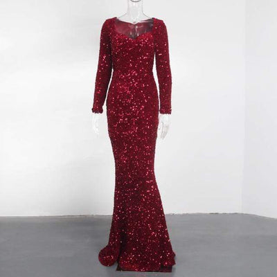 Aimee Long Sleeve Sequined Maxi Dress Burgundy / M Dress
