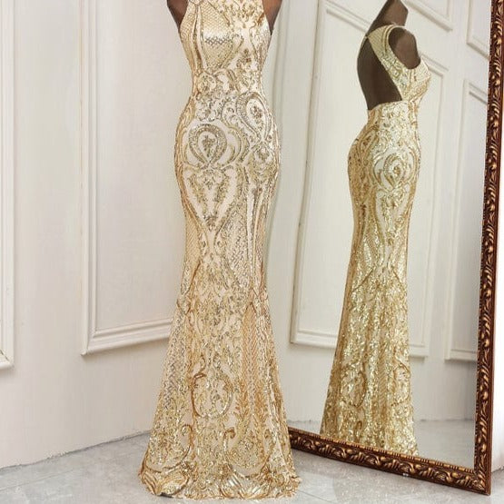 Elona Black Open Back Maxi Dress Gold / 10 -- Lable size L / Floor Length Dress