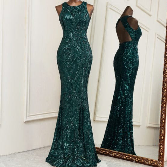 Elona Black Open Back Maxi Dress green / 10 -- Lable size L / Floor Length Dress