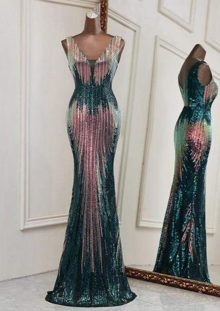 Aria Silver Nude Mermaid Evening Dress Green/Pink / 12 -- Lable size XL Dress