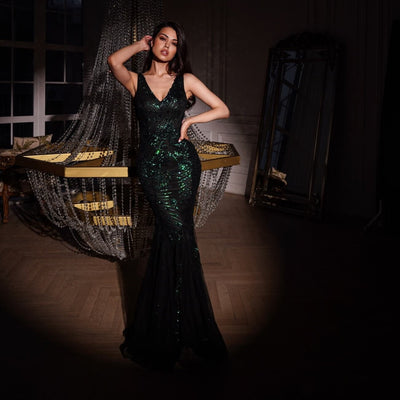 Isabella Black Green Sequined Mermaid Maxi Dress Dress