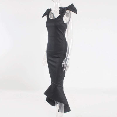 Jamiya Bow Shoulder Black Ruffled Midi Dress Dress
