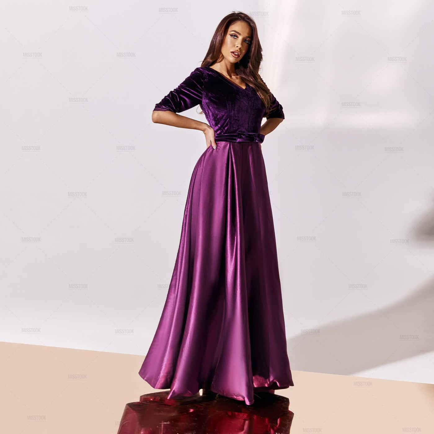 Mila Bow Waist Satin Velour Maxi Dress Dress