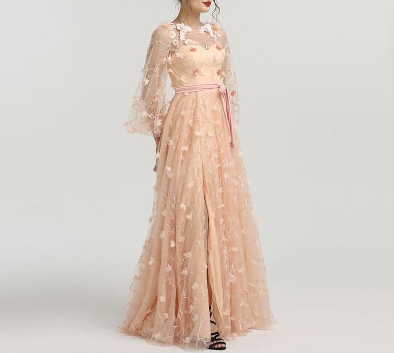Misstook Label Flower Embroidery Peach Evening Dress Dress
