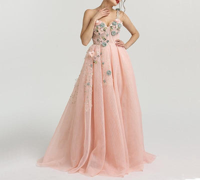 Misstook Label Flower Embroidery Pink Evening Dress Dress