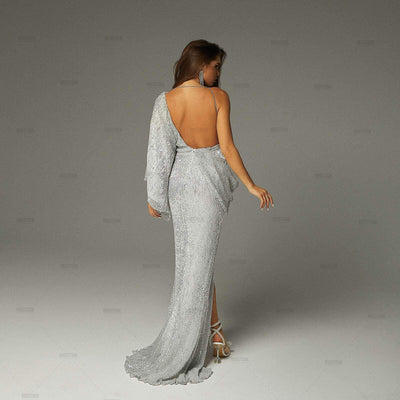 Nour Silver Single Sleeve Sequins Dress Dress