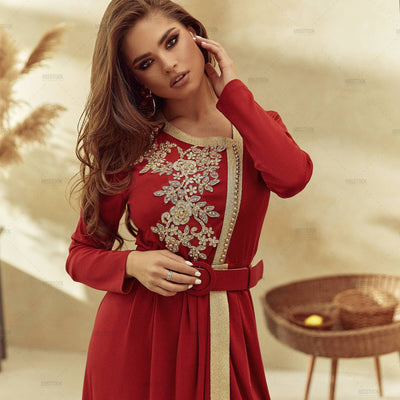 Lamia Gold Embroidery Belted Maxi Dress Red / M Dress
