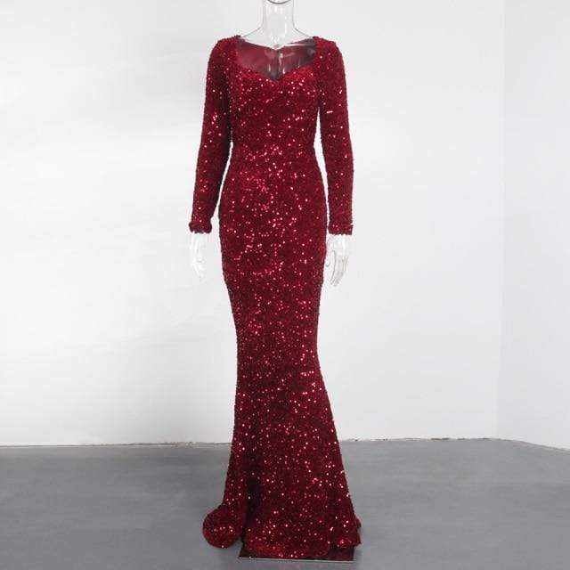 Aimee Black Long Sleeve Sequined Maxi Dress Red / S Dress