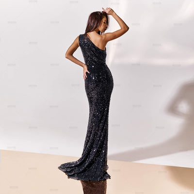 Vivia One Shoulder Black Sequined Maxi Dress Dress
