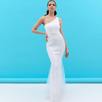 Sariyah One Shoulder Sequined Maxi Dress White / XL Dress