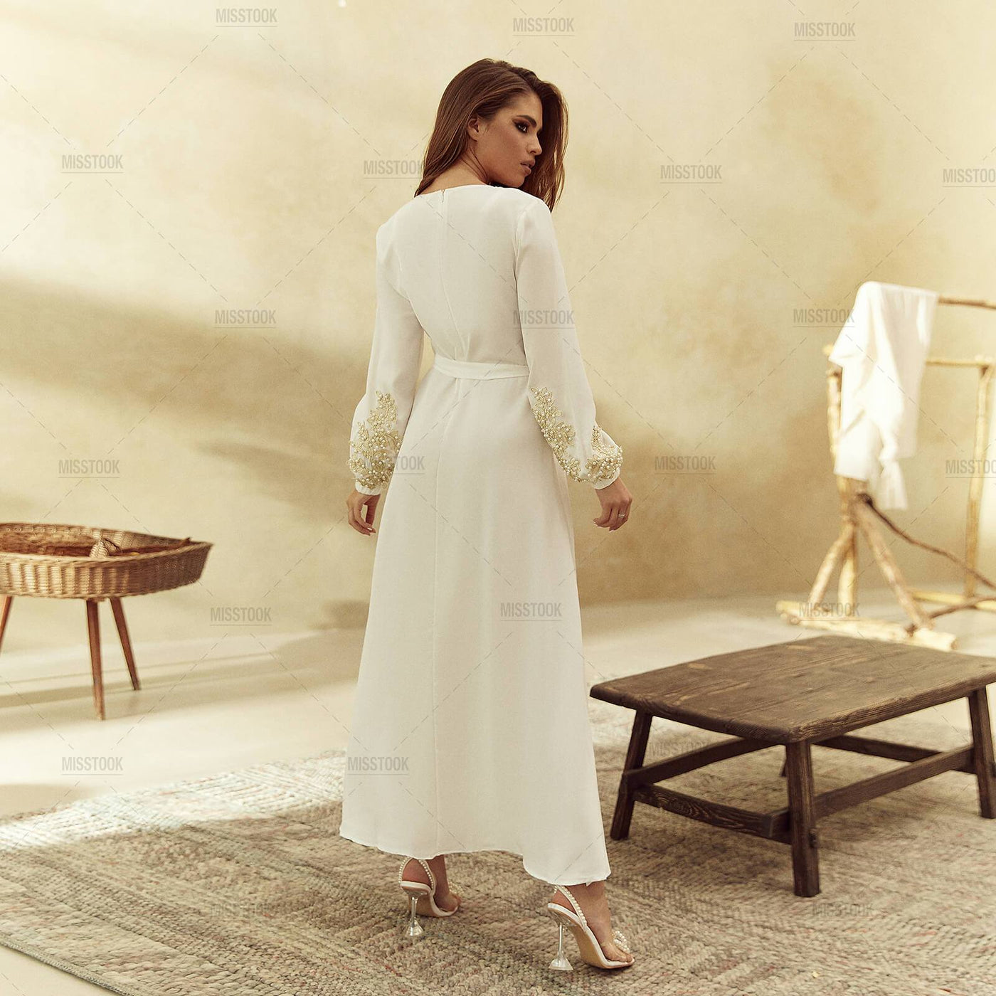 Yamina Embroidery Brown Belted Maxi Dress white / XL Dress