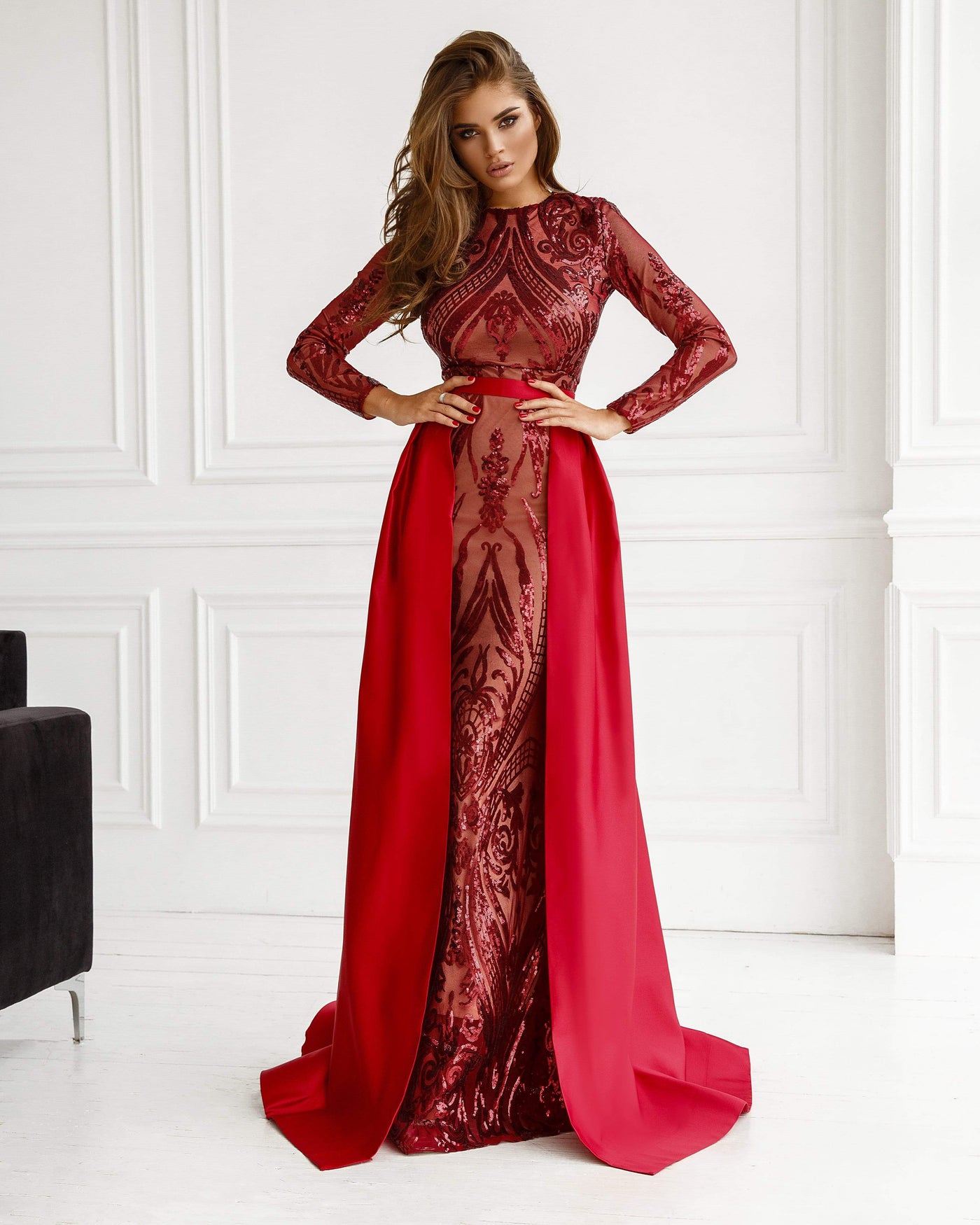 Misstook Label Long Sleeve Flower Embroidery Evening Dress wine red / 2 Dress