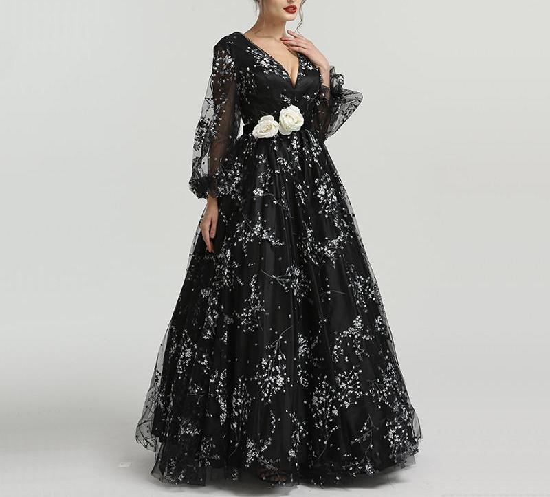 Misstook Label Embroidery Black Evening Dress Dress