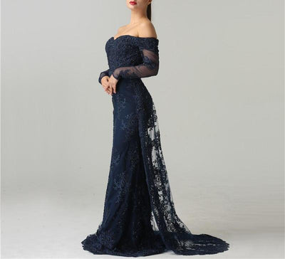 Misstook Label Embroidery Mermaid Train Navy Dress Dress
