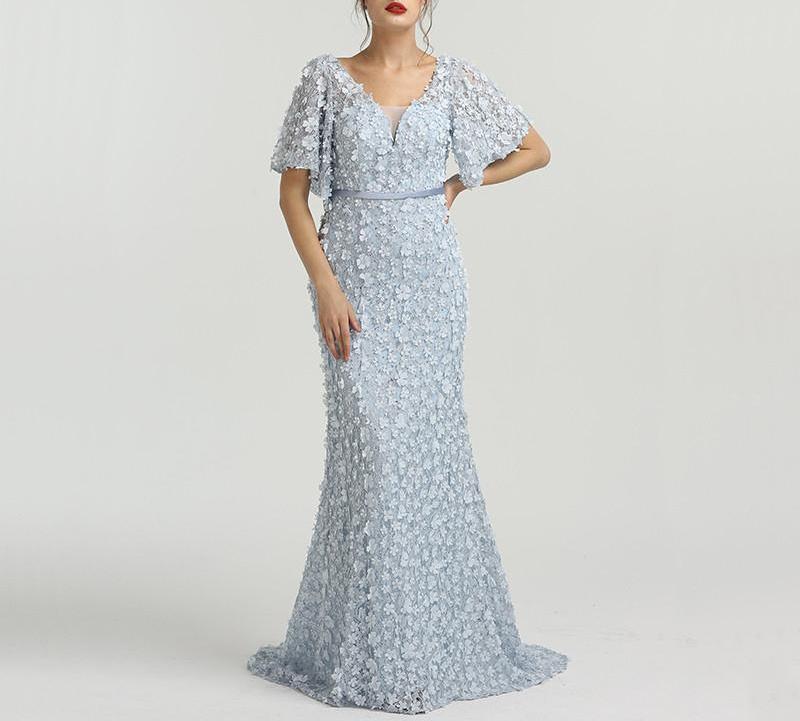 Misstook Label Flowers Embroidery Mermaid Blue Dress Dress