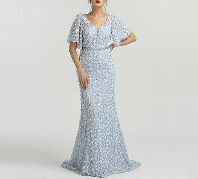 Misstook Label Flowers Embroidery Mermaid Blue Dress Dress