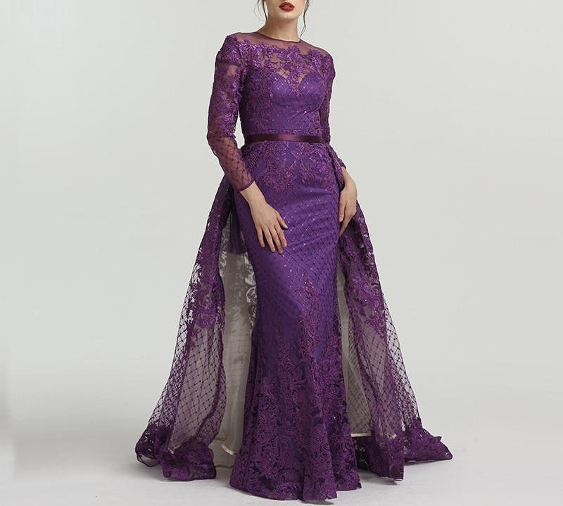 Misstook Label Long Sleeve Flower Embroidery Purple Train Evening Dress