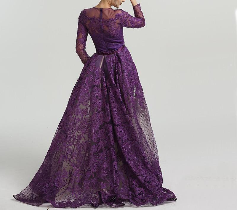 Misstook Label Long Sleeve Flower Embroidery Purple Train Evening Dress Dress