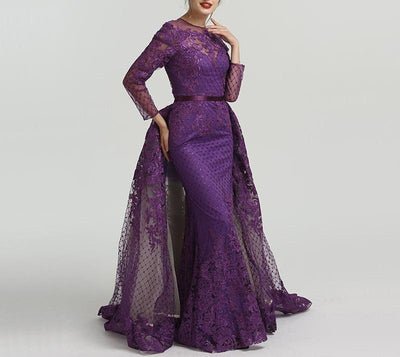Misstook Label Long Sleeve Flower Embroidery Purple Train Evening Dress Dress