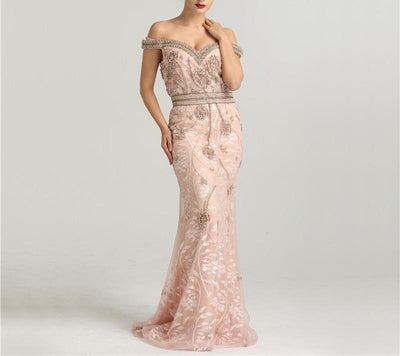 Misstook Label Shoulder Off Embroidery Peach Evening Dress Dress