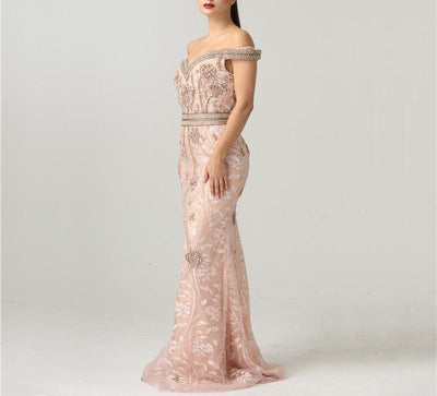 Misstook Label Shoulder Off Embroidery Peach Evening Dress Dress